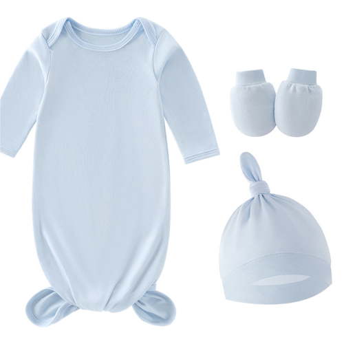 Tao Tao Baby Newborn Knotted Gown 0-12 Months, Super Soft Infant Long Sleeve Sleepwear For Girl And Boy, Baby Coming Home Hospital Outfit With Hat And Gloves Set Blue