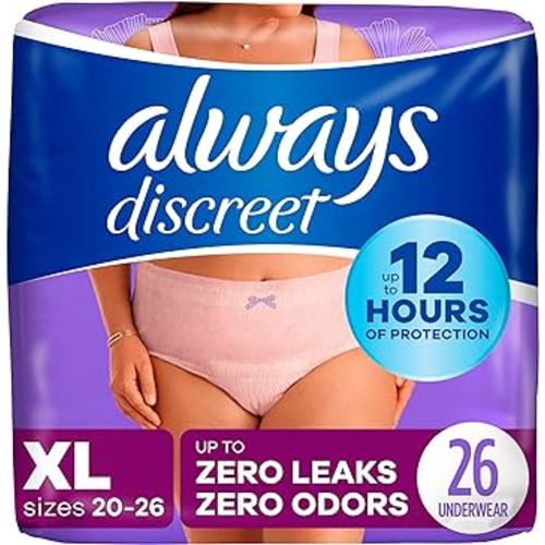 Always Discreet Adult Incontinence & Postpartum Underwear for Women, Classic Cut, Size Extra-Large, Maximum Absorbency, Disposable, 26 Count (Packaging May Vary)