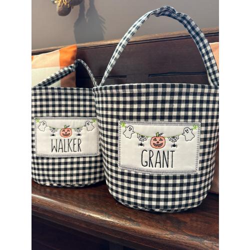 Kids Halloween Basket, Gingham Trick or Treat Bucket, Plaid Halloween Basket, Personalized Candy Bag, Embroidered Halloween Bag
