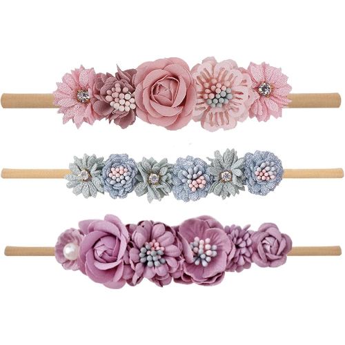 Baby Girls Floral Headbands Set-Flower Crown Elastic Hairband for Newborn Toddler Hair Accessories (Pack of 3)