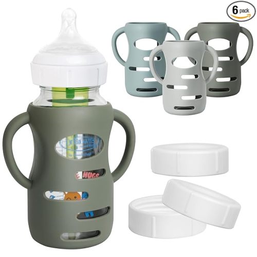 3 Pack Silicone Sleeves for Dr Brown Wide-Neck Glass Baby Bottles, Food GradeAnti Breakage Baby Bottle Holder with Handles and 3pcs Travel Bottle Caps, 9oz