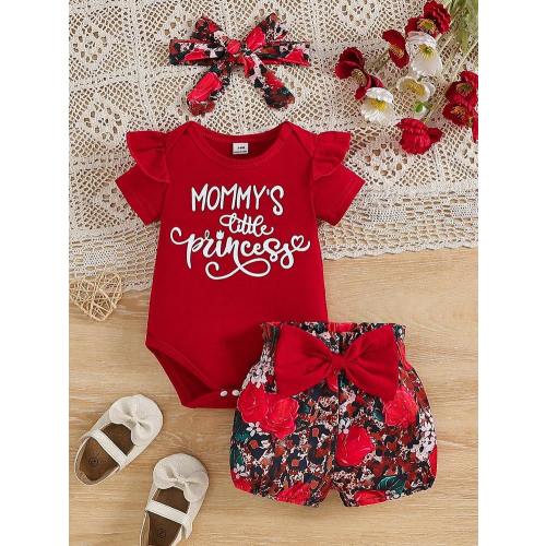 2pcs/Set Baby Girls' Cap Sleeve Letter Print Bodysuit And Floral Shorts For Summer | SHEIN