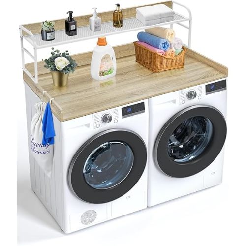 VEVOR Washer Dryer Countertop with Shelf, 54" x 27" Wooden 2-Tier Laundry Countertop with 2 Hooks & Anti-Slip Pads, Water-Resistant Laundry Topper Cover for Laundry Room Organization and Storage, Oak