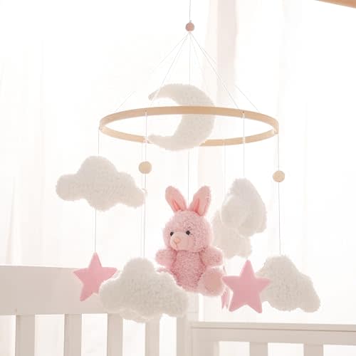 EERKEOD Baby Crib Mobile Bunny Nursery Mobile for Boys Girls Teddy Velvet Mobile Nursery Decor for Infant Bedroom Hanging Baby Mobile for Bassinet Newborn Baby Gift（Pink Bunny）
