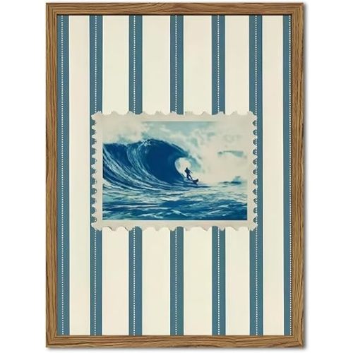 Vintage Beach Ocean Wall Art, Trendy Coastal Surf Wall Decor Paintings, Stripe Stamp Canvas Prints Artwork Pictures for Bedroom Living Room Office 12x16 inch Framed