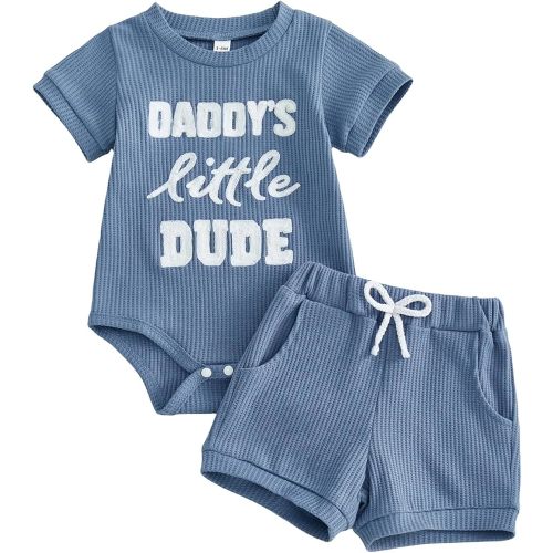 Newborn Baby Boy Summer Outfit Set Letter Embroidery Crew Neck Romper Jumpsuits Shorts Cute Infant Waffle Clothes