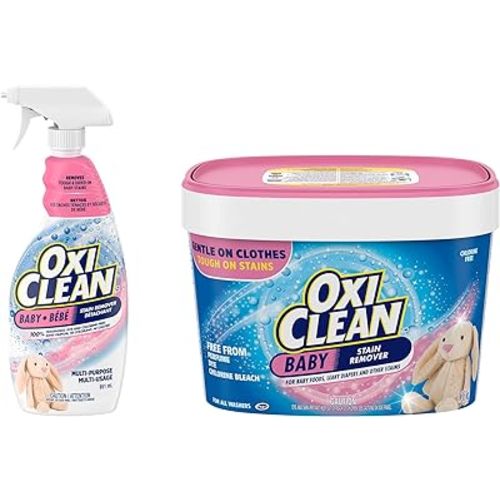 OxiClean Baby Enzyme Stain Remover Powder 1.36 kg and Spray 651 ml Bundle Pack, for Cloth Diapers, Bedding, Blankets, and Upholstery - Colour Safe, Chlorine Bleach, Fragrance Free