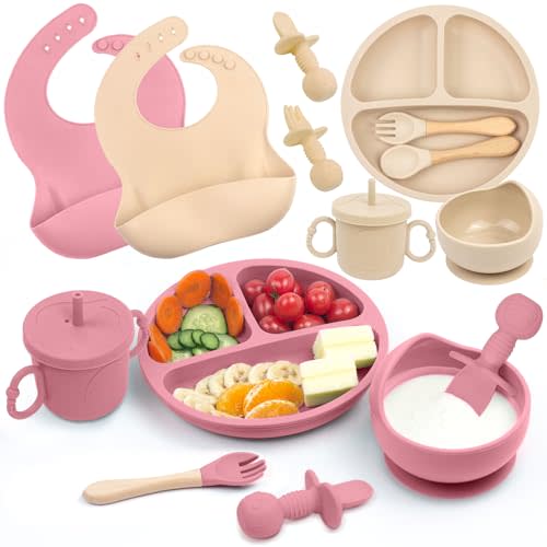 SINBDLAI 2 Pack Baby Led Weaning Supplies, Silicone Baby Feeding Set, Includes 2 Suction Bowls, 2 Plates, 2 Bibs, 2 Cups, 2 Spoons, 2 Forks (Beige & Red)
