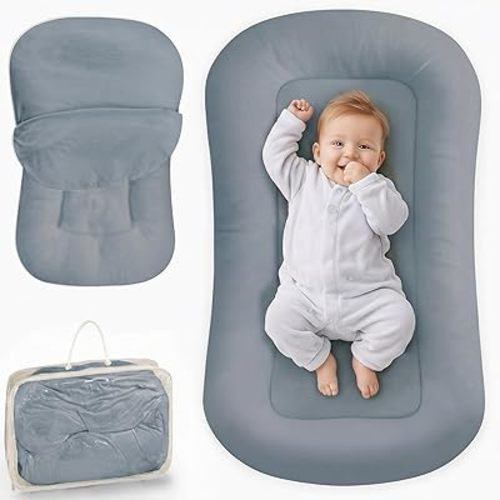 Infant Support Cushion - Baby Lounger for Newborn, 0-24 Months, Breathable Cotton Fabric Infant Support Cushion, Portable Newborn Essentials for Home and Travel, GrayishBlue (Cover Included)
