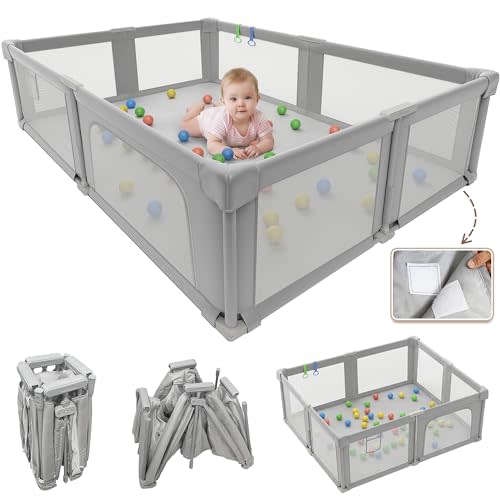 Baby Playpen, 73" x 61" Large Foldable Playpen with Mat for Babies and Toddlers, Play Pen with Soft Breathable Mesh, Ocean Balls and Pull Links, Baby Playard for Indoor & Outdoor, Gray