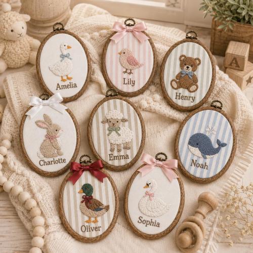 Custom Farm Animal Embroidered Oval Ornament, Personalized Baby Name Hoop, Nursery Wall Decor, Baby Shower Gift, Baby Heirloom