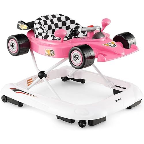 INFANS Foldable Baby Walker, 3 in 1 Toddler Activity Center Leaning-Seated Walk-Behind with Steering Wheel, Adjustable Height, Lights, Music, Washable Seat Cushion (Pink)