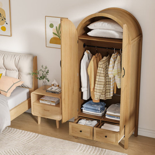Alcott Hill® Armoire Wardrobe Closet with 2 Arched Fluted Doors, Wardrobe Cabinet with 2 Drawers, Wardrobe Armoire with Shelves and Hanging Rod for Bedroom & Reviews | Wayfair