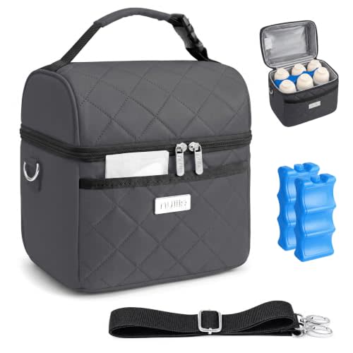 Nuliie Breastmilk Cooler Bag with 2 Ice Packs, Fits 6 Baby Bottles Up to 10 Ounce, Four Layer Insulated Baby Bottle Bag for Daycare, Breast Milk Cooler with Pocket, Strap & Buckle, Waterproof, Grey | Four Layer Insulated, Waterproof, Pocket, Strap & Bu...