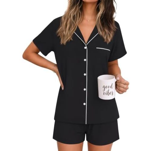 Ekouaer Womens Pajamas Set Soft Classic Notch Collar Bride Pjs Comfy Short Sleeve Sleepwear Loungewear