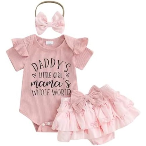 Adobabirl Baby Girl Summer Clothes Short Sleeve Ribbed Romper Ruffle Layered Bloomers Shorts Headband Boutique Clothing