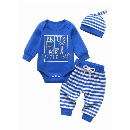 Infant Baby Boy Clothes Long Sleeve Letter Romper Stripes Long Pants with Hat Outfits Set Blue 3-6 Months