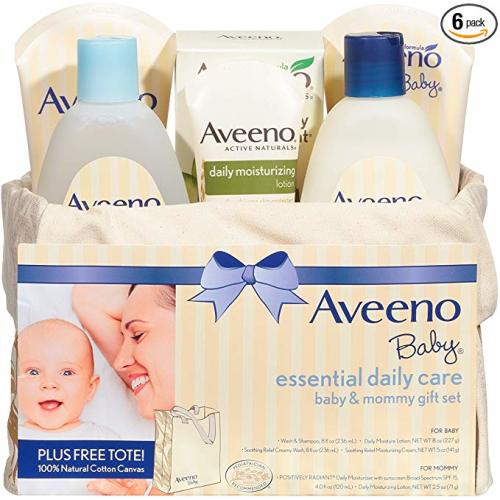 Aveeno Baby Essential Daily Care Baby & Mommy Gift Set featuring a Variety of Skin Care and Bath Products to Nourish Baby and Pamper Mom, Baby Gift for New and Expecting Moms, 7 items
