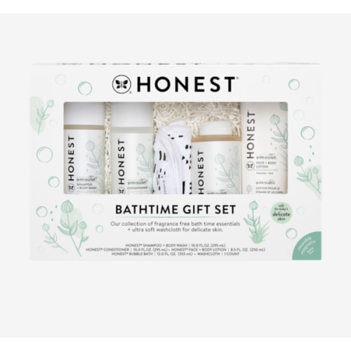 The Honest Company Fragrance Free Bathtime Gift Set | Hypoallergenic Bath Essentials for Sensitive Skin | Shampoo + Body Wash, Face + Body Lotion, Bubble Bath, Conditioner, Wash Cloth
