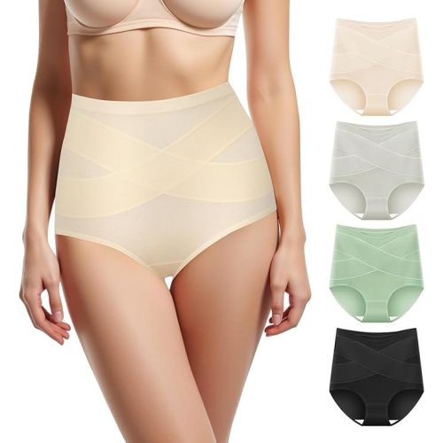 Women's High Waisted Underwear Slightly Tummy Control Cotton Panties Full Coverage Postpartum Briefs 4 Pack
