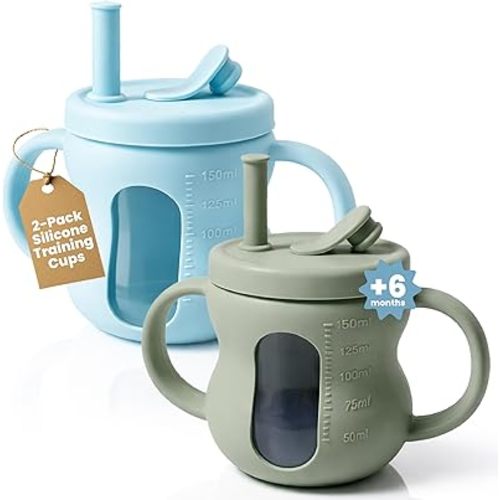 Silicone Sippy Training Cups with Straw 2-Pack, 6 oz Leak Proof Toddler Cups for Babies 6–36 Months, Bottle Weaning Cup Set, BPA Free Silicone with Handles, Green and Blue