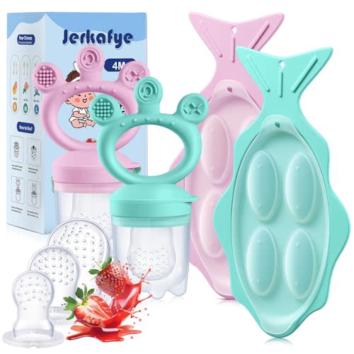 2 Pack Baby Fruit Feeder, with Mini Freezer Tray, Breastmilk Popsicle Molds for Baby Teething Relief, Silicone Teething Toys, Teether Includes 5 Mesh Food Pacifier
