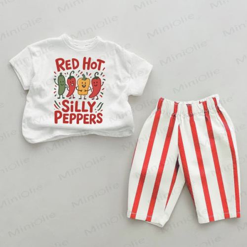 RED HOT SILLY PEPPERS Baby White&Red Vertical Striped 2-piece Set