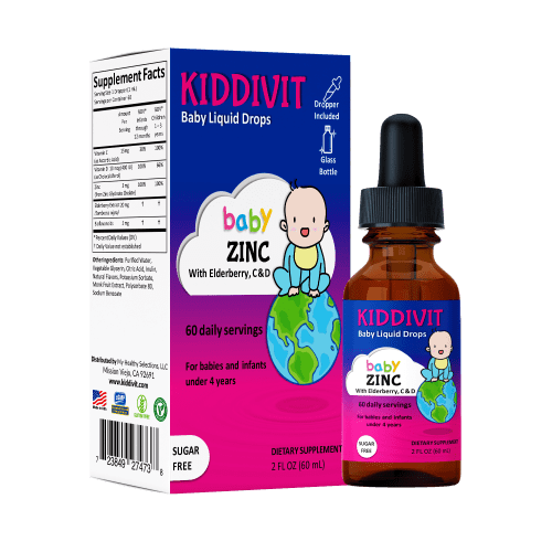 Kiddivit Baby Zinc Liquid Drops with Elderberry, Vitamin D3 & C - 60 Daily Servings, 2 Fl Oz (60 mL) - Inulin Fortified (Prebiotic, Dietary Fiber) - Sugar Free, Gluten Free, Vegetarian Friendly