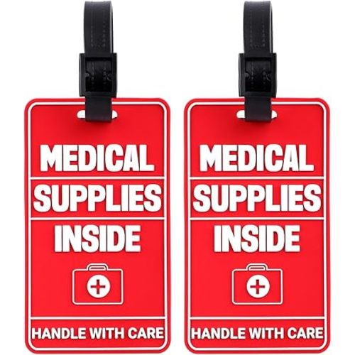 2pcs Medical Supplies Inside Tags, Three-Dimensional Design Medical Device Luggage Tag Handle with Care Information Cards & 2pcs Sturdy Straps for Various Travel Suitcases or Backpacks