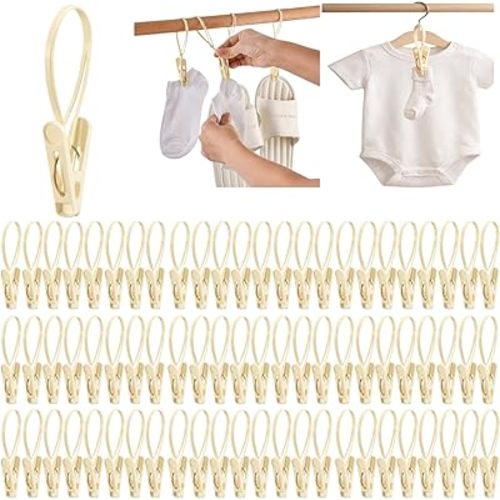 72 Pack Strong Grip Baby Hanger Clips Baby Pants Hangers Non-Slip Laundry Hanging Clips with Plastic Rope Hooks Multi-Purpose for Clothes, Socks Towels Pants Closet Organizer Space Saving