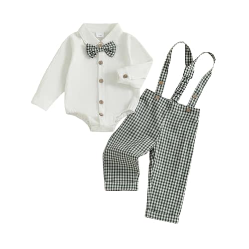 Baby Boy Clothes Set Infant Bow Tie Button Down Shirt Bodysuit Top Suspender Pants 2Pcs Fall Winter Outfit