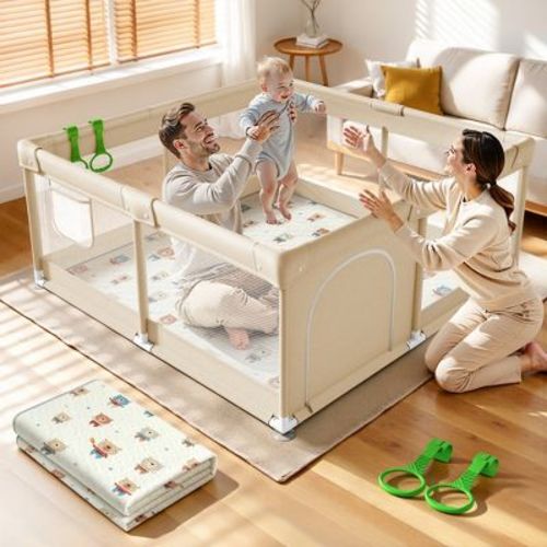 Fodoss Baby Playpen with Mat ，47 x 47 In Playpen for Babies and Toddlers, Indoor & Outdoor Activity Center, Safety Baby Fence (beige +bear)