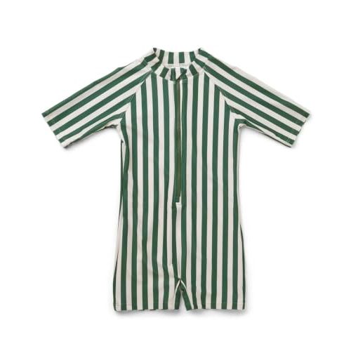 Toddler Boys One Piece Bathing Suit Zipper Short Sleeve Rash Guard Swimwear Quick Dry Green Stripe Swimsuit