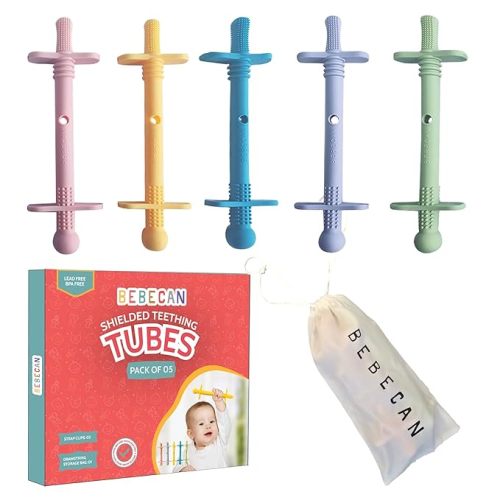 Bebecan Shielded Teething Tubes – Baby Teething Relief 0-36 Months, Anti-Choking Design, Clip-Attachable, BPA-Free Silicone, 5 Soft Tubes + 2 Teether Clips + 2 Brushes + Storage Bag