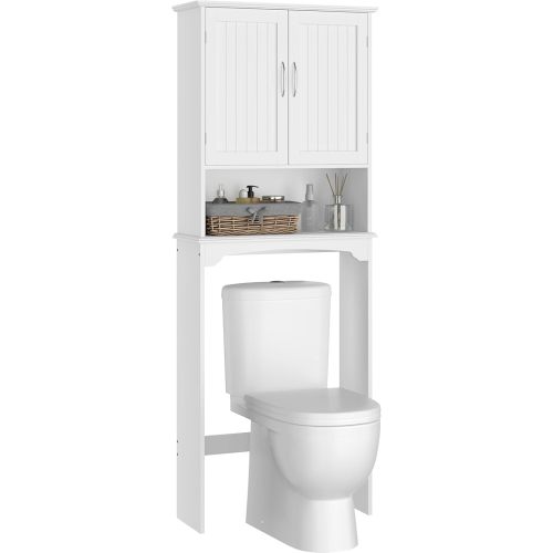 Yaheetech Over The Toilet Cabinet, Double Door Bathroom Storage Organizer, Toilet Rack with Inner Adjustable Shelf and Open Storage Shelf, White
