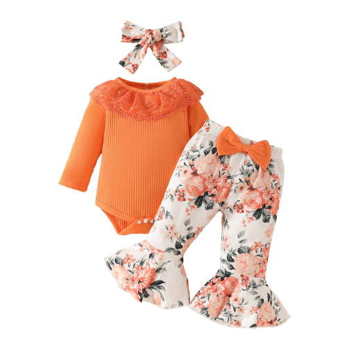 LNMQLPDBS Toddler Girl Sets Ribbed Long Sleeve Ruffle Romper with Lace Trim & Floral Printed Bell-Bottom Pants & Headband Set 3pcs Fall Winter Outfits Newborn Baby Girl Clothes Red 3-6 Months