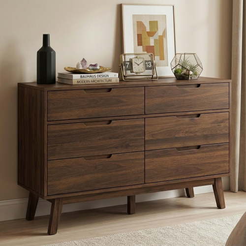 VLTALOOM 47" Wide 6-Drawer Dresser, Mid-Century Modern Wooden Double Dresser for Bedroom, Dark Walnut Wood Grain Large Horizontal Storage Chest for Living Room with Anti-Tip Kit