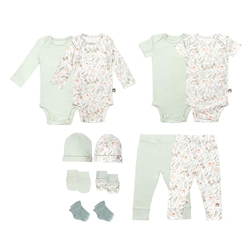 100% Cotton Baby Sets for Newborn - 12 Pcs Neutral Layette Set, 2 Long Sleeve, Short Sleeve Onesies, Hats, Mittens, Socks & Pants, Baby Gift Set - Designed in France, Green + Woodland Collection