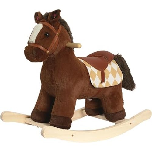 Rock My Baby Rocking Horse for Toddlers 18M+, Dark Brown Plush Ride-On Horse Toy with Realistic Galloping Sounds, Upgraded Wooden Rocker for Boys and Girls