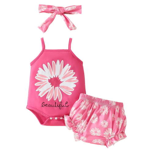 Sopiago Toddler Girl Outfits Baby Girl Summer Clothes Floral Tops Sleeveless Spaghetti Strap Tank Romper Tops Shorts Headband Baby Girl Clothes Sets (Hot Pink,3-6 Months)