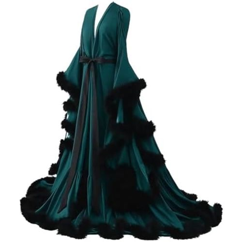 yinyyinhs Womens Sexy Feather Bridal Robes Silk Satin Long Nightgown Bathrobe Sleepwear Maternity Robe for Photoshoot