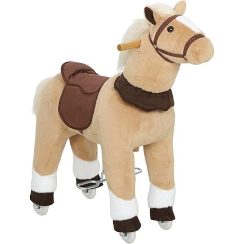 Qaba Ride on Horse for Kids 3-5 Years, 31.5 Inch Height Plush Riding Pony, Walking Horse Animal with Rolling Wheels for Active Play, No Batteries Required, Brown