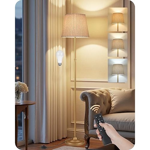Dimmable Floor Lamp for Living Room, 68" Tall Standing Lamp, Reading Light with Remote & Foot Pedal, 10W LED Bulb (3000K-6500K) Included, FCC Listed, Reinforced Base, Gold and Beige DE12LD05