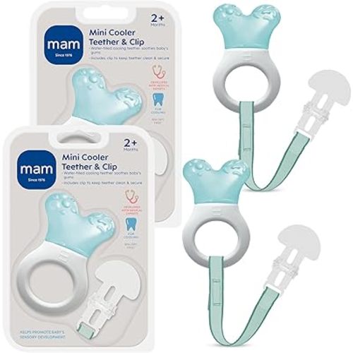 MAM Mini Cooler Baby Teether with Clip (2 Pack) – Cooling Teething Rings for Teething Relief, Lightweight Easy-Grip Design, Reaches Back Teeth, Refrigerator Safe Infant Teething Toy