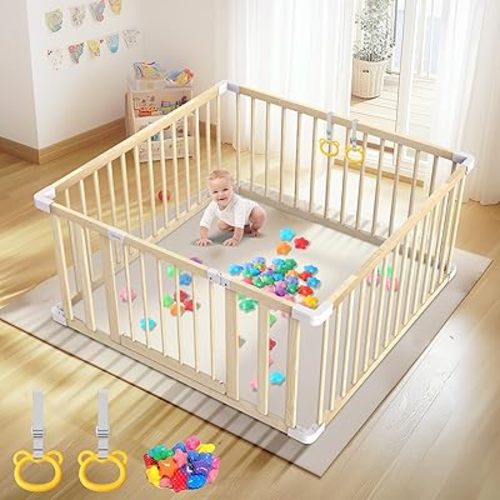 Baby Wooden Playpen for Toddler and Babies - 43 x 43 x 25 in Easy to Assemble Baby Playpen with 2 Handles & 30 Ocean Ball - Babies Safety Activity Centre Play Yard with Door for Indoor & Outdoor