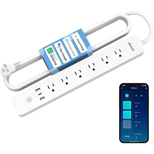 GHome Smart Plug Power Strip, 3 USB (30W Fast Charging) and 6 Individually Controlled Outlets, WiFi Surge Protector Works with Alexa & Google Home, Energy Monitor, 7.18 ft Mountable Flat Plug, 2A1C