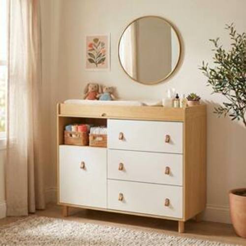 Brown Wood 4-Drawer, 44.9 in. W Wood Chest of Drawers Nursery Storage Organizer With Changing Table Open Shelf