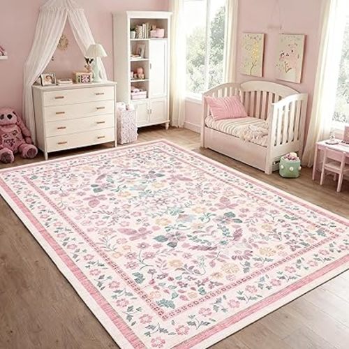 GarveeHome Area Rugs for Living Room 5x7 Machine Washable Rug Non Slip Backing Soft Large Stain Resistant Low Pile for Bedroom Dining Room Farmhouse Nursery Pink