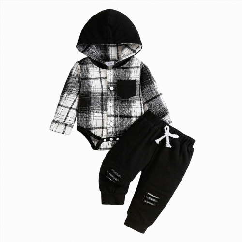 Splozh Boys Comfortable Warm Set Baby Boys Fashion Checkered Hoodie Pants Two Piece Set,Black,3-6 Months