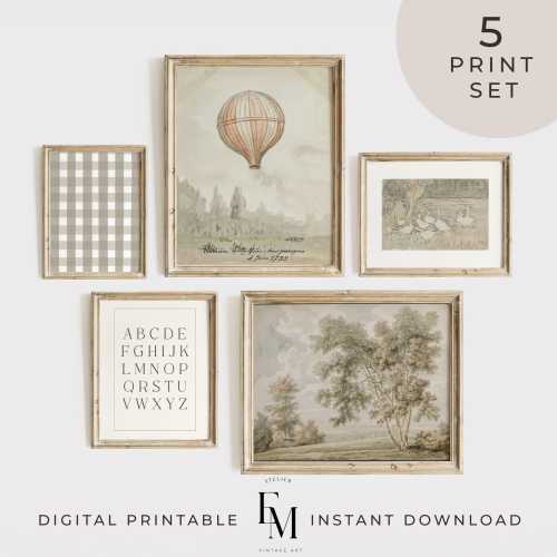 Hot Balloon Vintage Nursery Print Set of 5 Boys Room ABC Wall Art Travel Nursery Print  Goose Baby Boy Nursery Painting Gallery Wall Art Set